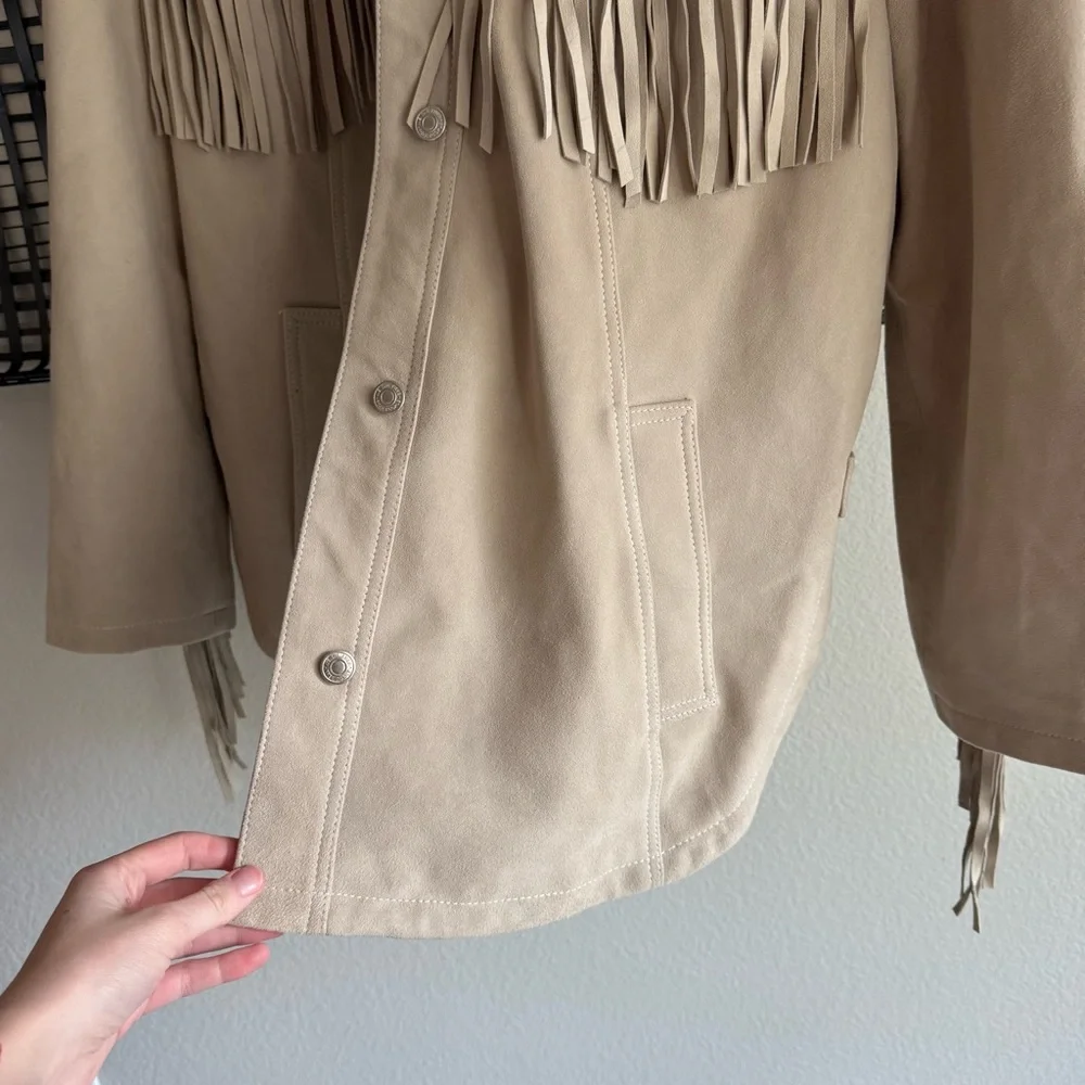Free People Beige Fringe Leather Jacket